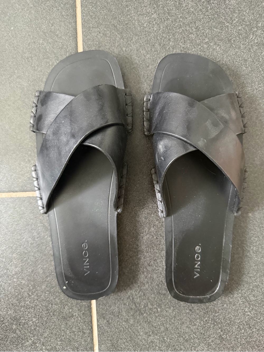 Vince Black Leather Crisscross Slide Sandals Size 8